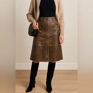 Worth New York $998 Brown 100% Leather Pencil Skirt | Size 2 | NWT